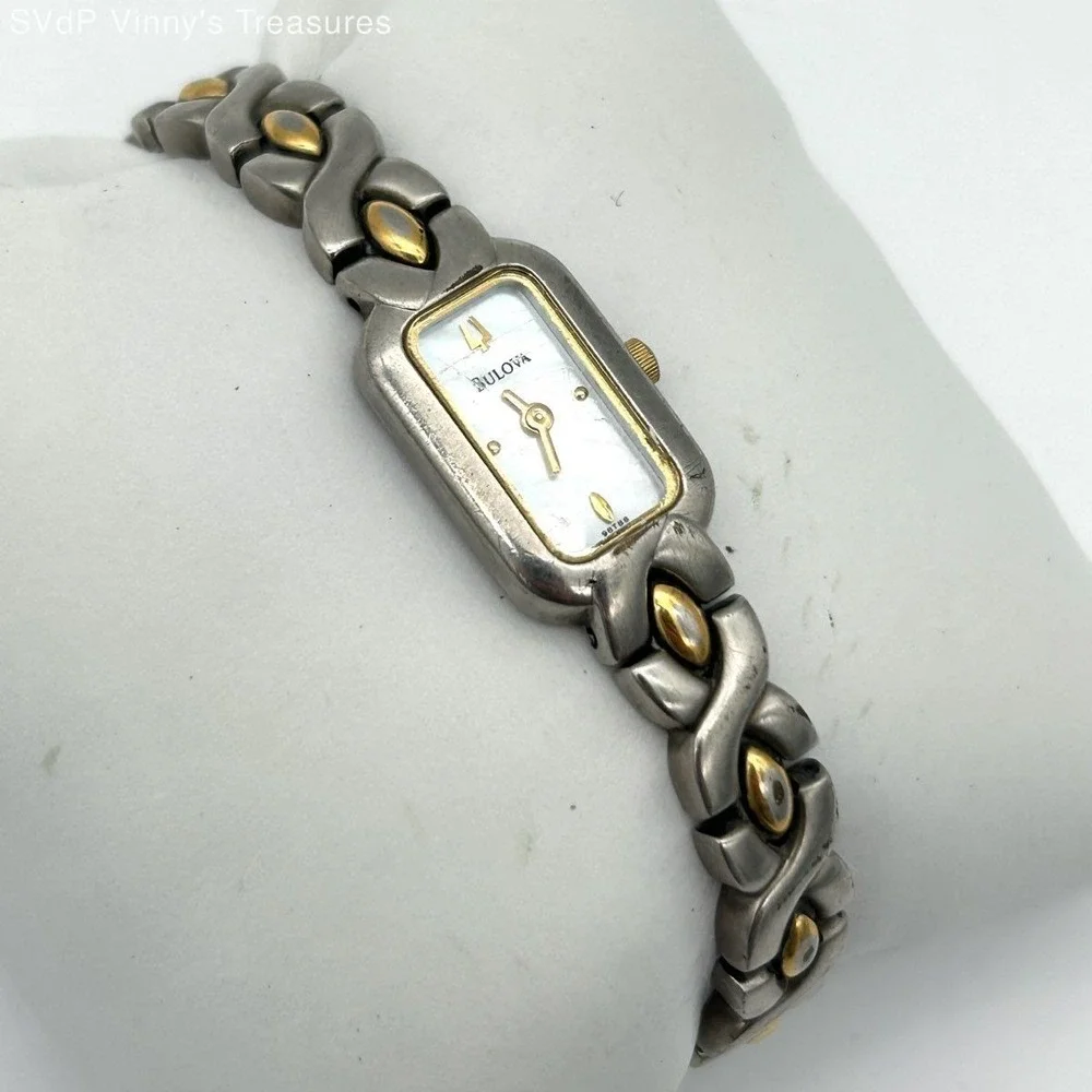 Vintage Y2K Bulova Women's Two-Tone Cross Link Bracelet Watch C899179 White Dial